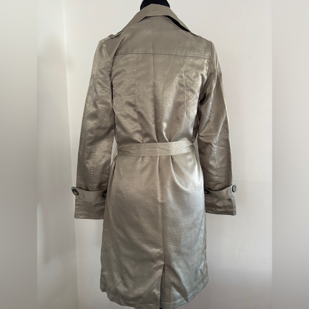 Vintage Italian made Silky Shiny Cotton Trench Coat w Belt light Stone US SZ 2 - Picture 3 of 7